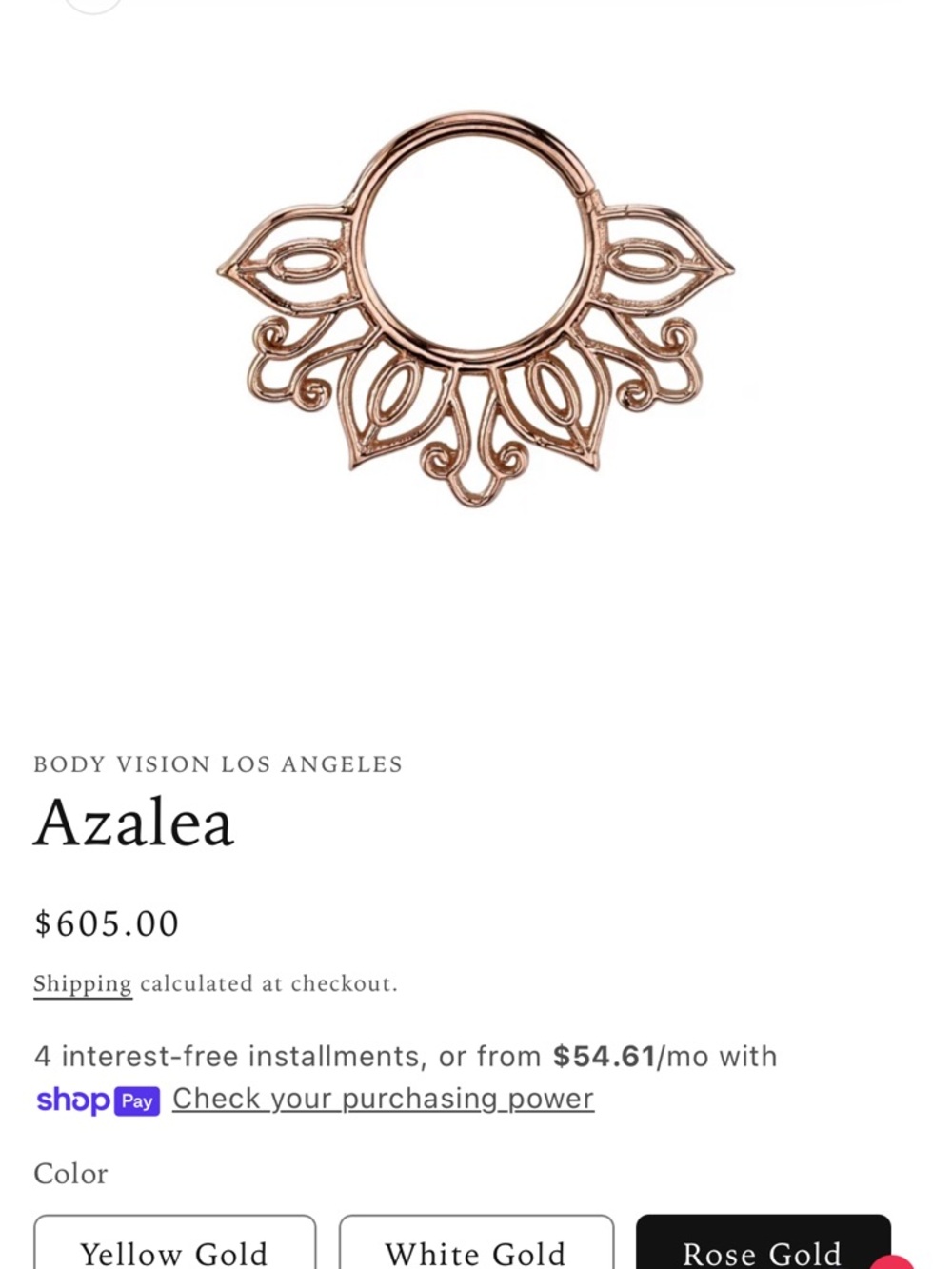 Azalea Rose Gold Decorative Septum Ring 14k bvla